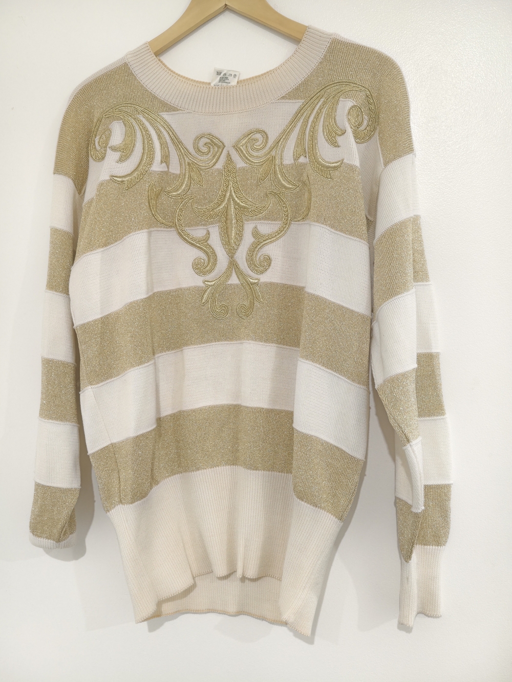 Escada Cream and Gold Metallic Striped Crewneck Sweater